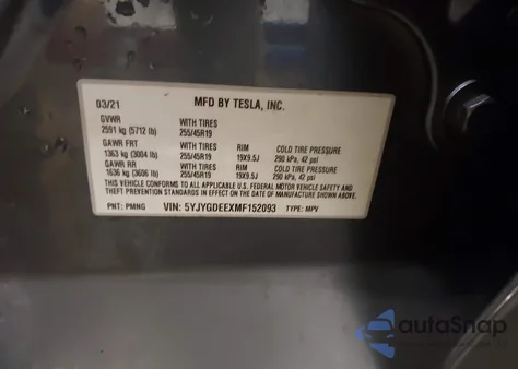 2021 Tesla Model Y Long Range Dual Motor All-Wheel Drive из США, поврежденный, VIN 5YJYGDEEXMF152093